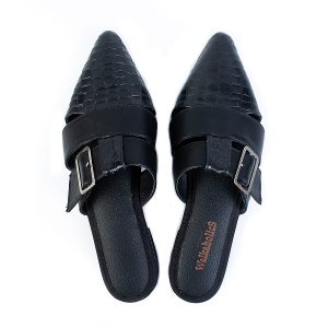 Black Croco Leather Nickel Buckle Mules - Pomicroco2
