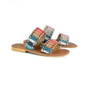 Two Striped Leather Sandals gold Studs  - Mrnok